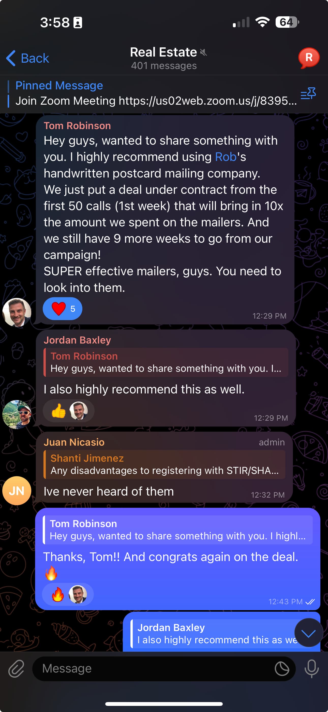 Tom Robinson recommending Mailbots in a 401-member real estate investor Telegram group